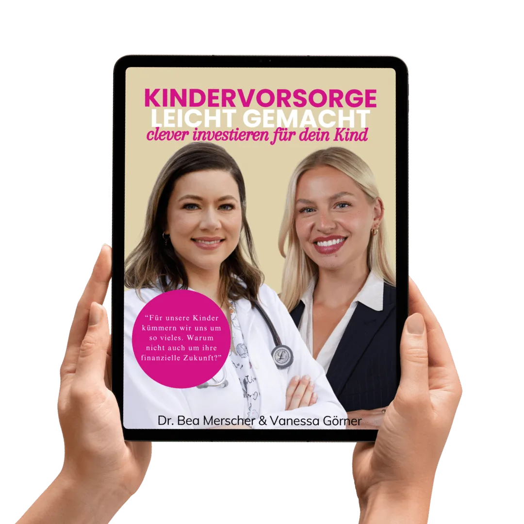 Das Kindervorsorge-eBook von Dr. Bea und Finanzen in Pink auf einem Tablet